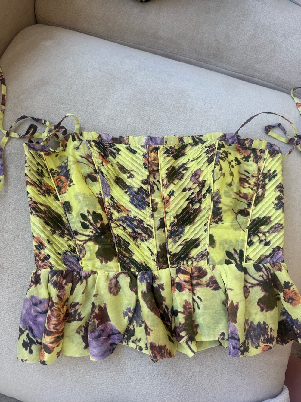 Ulla Johnson Lime Floral Tie-Shoulder Peplum Bustier Top - Picture 3 of 5